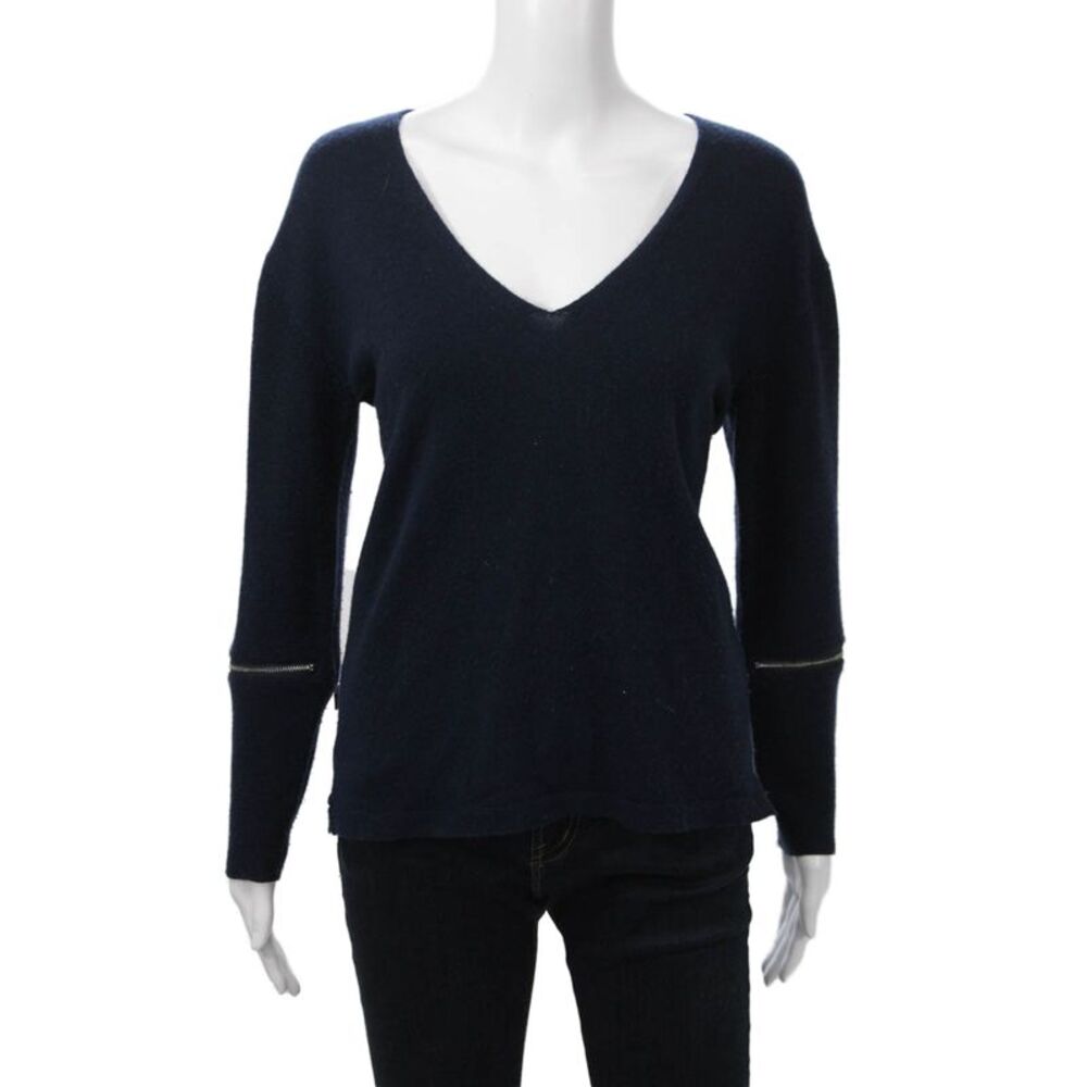 Max & Moi Womens Pullover Merino Wool V-Neck Zip Long Sleeve Dark Blue Size 34